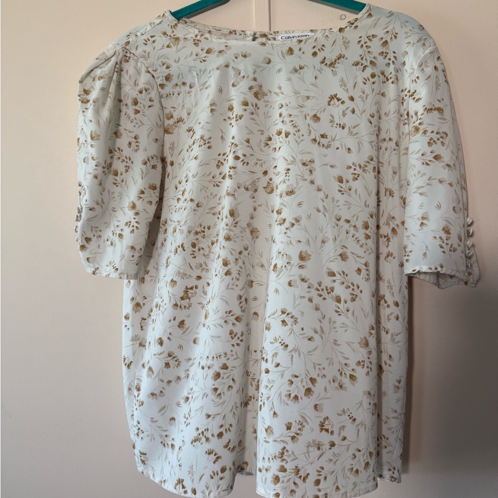 Calvin Klein Cream and Gold Floral Blouse